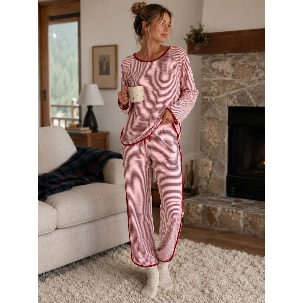 Lake Pajama Set Women XXS Red White Striped Pima Cotton Long Sleeve Loungewear